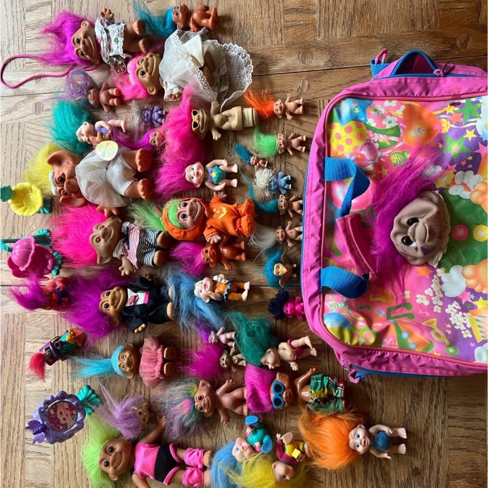 Vintage Colorful Troll Doll Collection with Pink Backpack